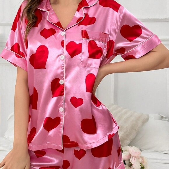 Pink Casual Womens Heart Shape Printed Pajama Set - Picture 3 of 5